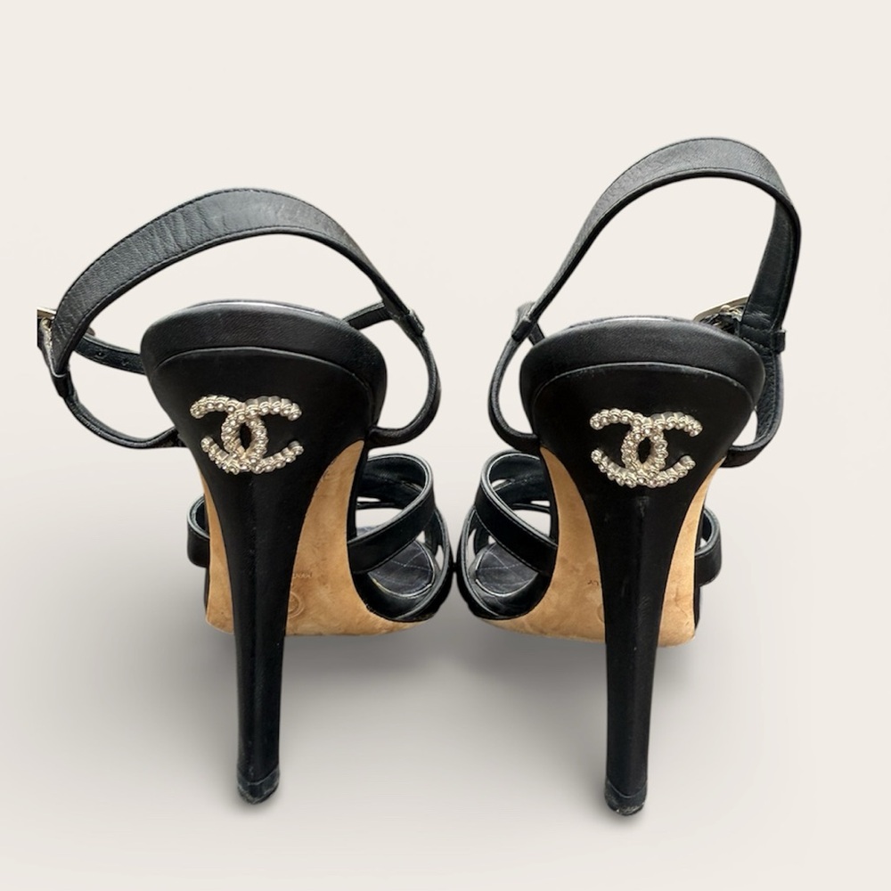 CHANEL COCO Mark Logo Rhinestone Embellised Sandals in Black Leather